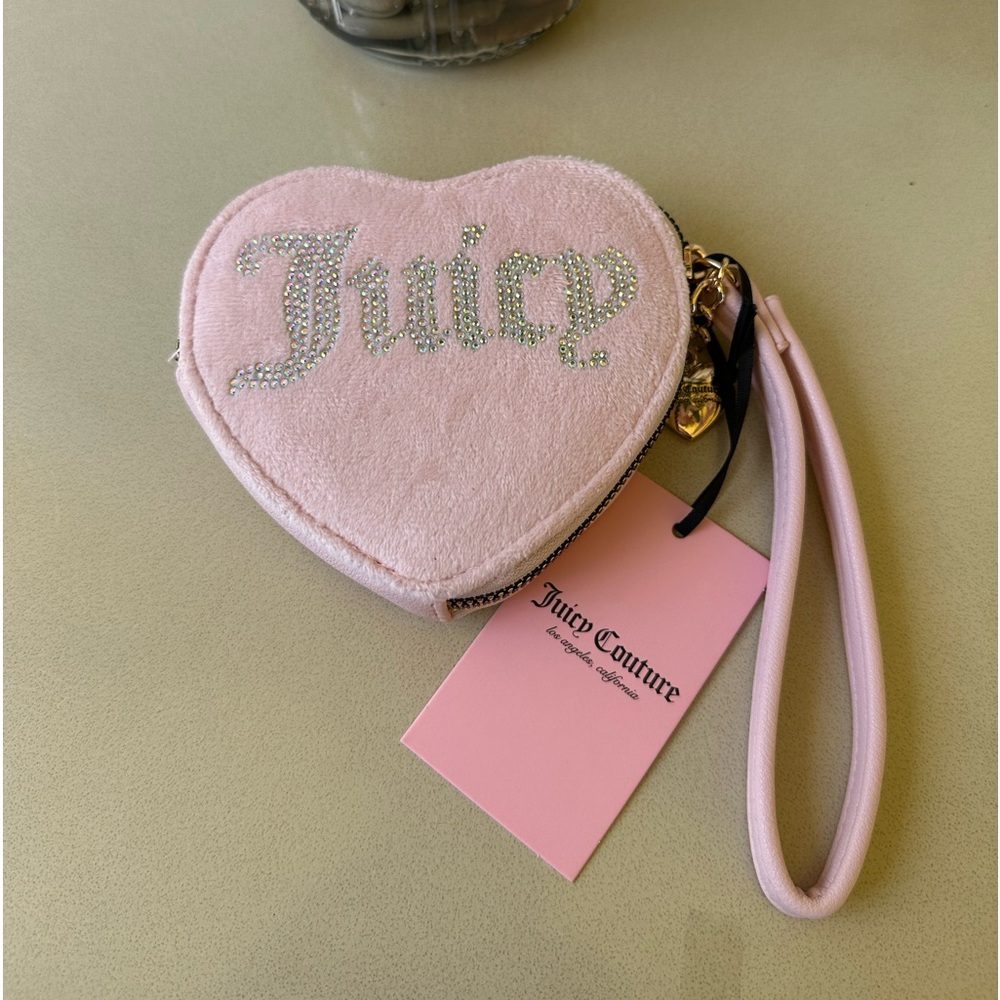 Juicy Couture Pink Heart Shape Velour Zip Around Wallet